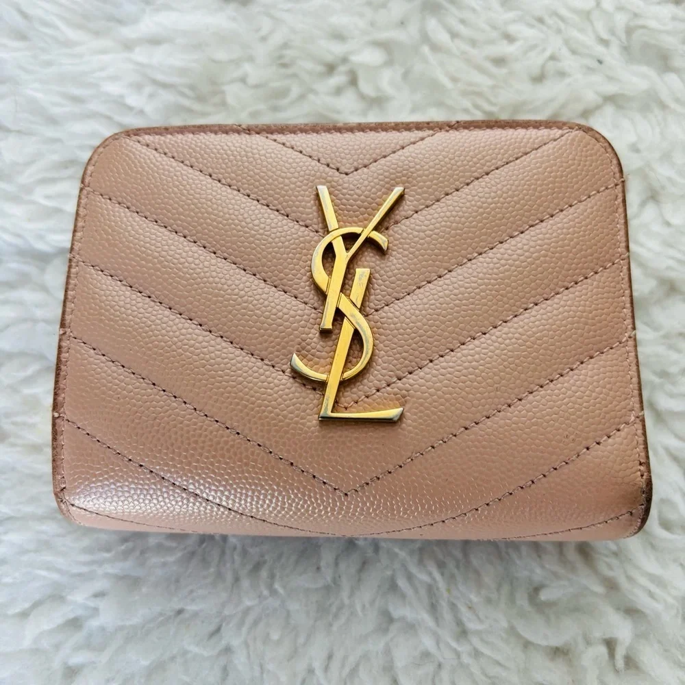 Yves Saint Laurent Cassandra Matellase Blush Grain Leather Compact Wallet